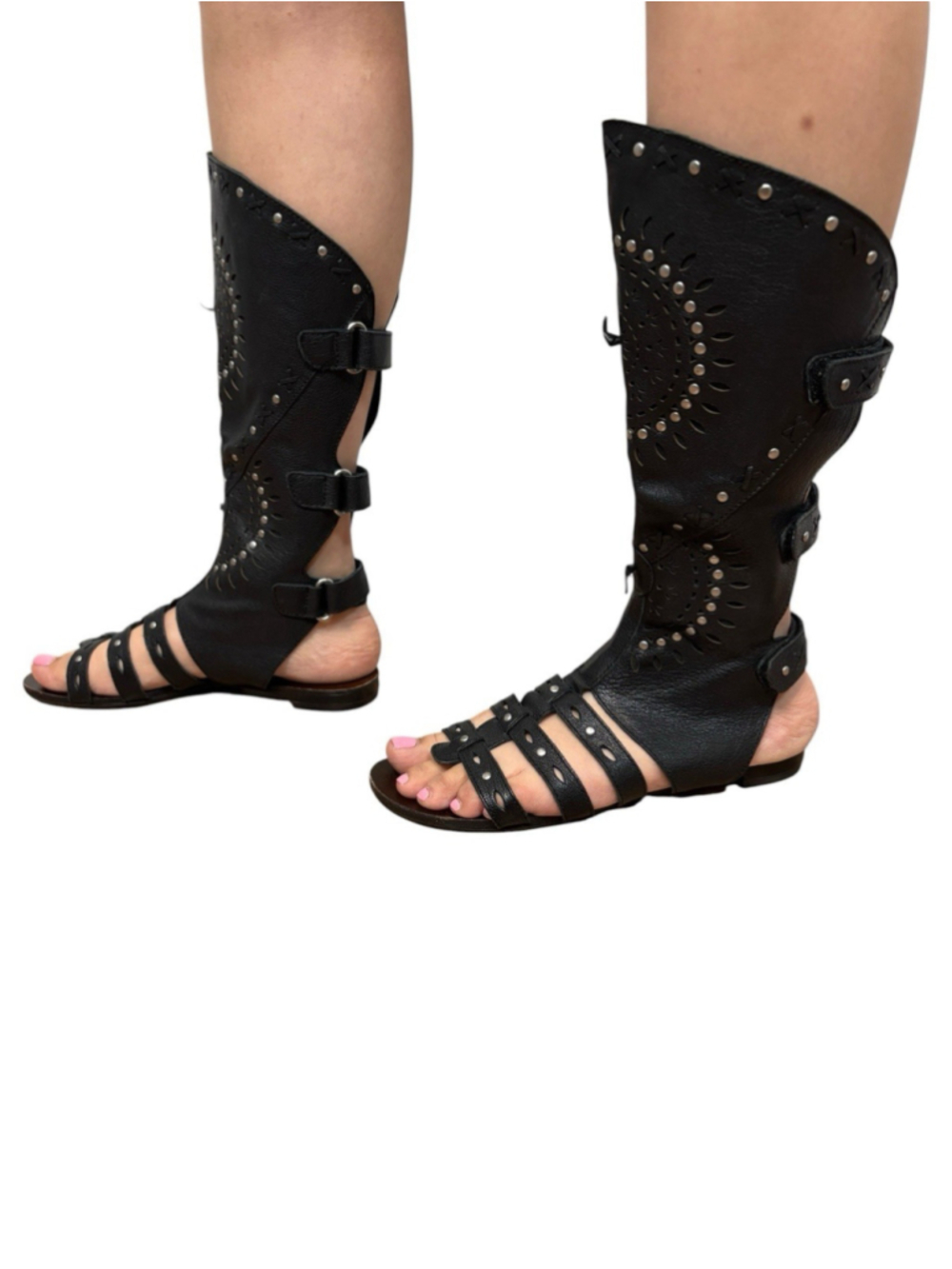 ASH Black Leather Cutout Gladiator Sandals Knee High Flat Sandals US 7 Rare - Picture 3 of 11